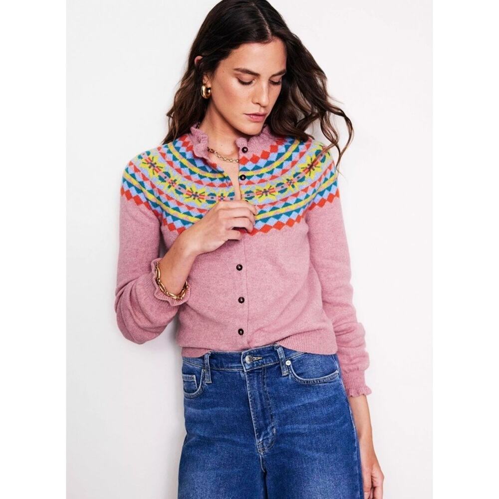 NWT Boden Fae Fair Isle Wool Alpaca Cotton Cardigan Pink Size Medium - Picture 2 of 7
